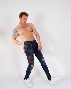 Leopard Patch Skinny Distressed Jeans for Men