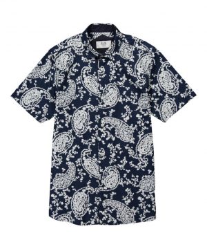 Elie Balleh Mens Slim Fit Navy Paisley Short Sleeve Button-Down Shirt